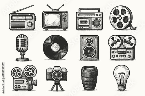 Record vector speaker vintage projector bulb cassette collection icon television tape tripod