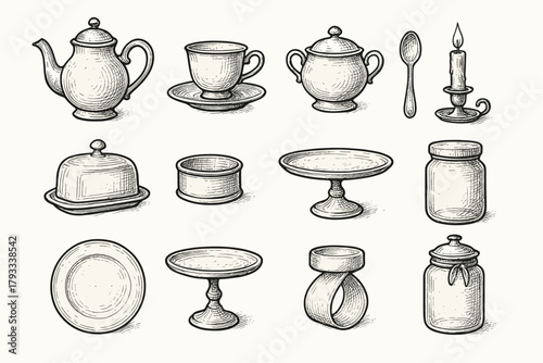 Candle stand plate jar cake icons vintage icon spoon vector saucer ring