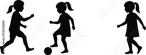 Children silhouettes playing soccer, outdoor fun, teamwork, childhood joy, ponytail girls, motion, interaction, ball control, friendship, energy, youth activity, summer light, playful moment