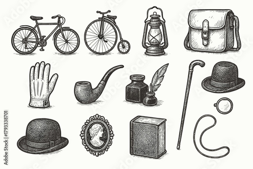 Cane bicycle pipe icon ink brooch collection pot walking glove vector vintage