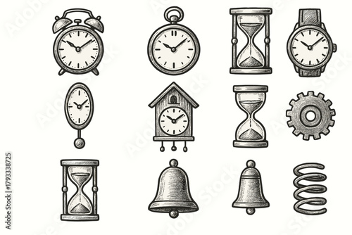 Icon vector collection timer hourglass watch keyhole vintage clock icons cogwheel bell