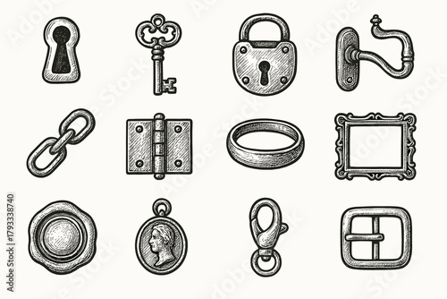 Medallion icon chain collection vintage frame handle seal key ornate ring vector