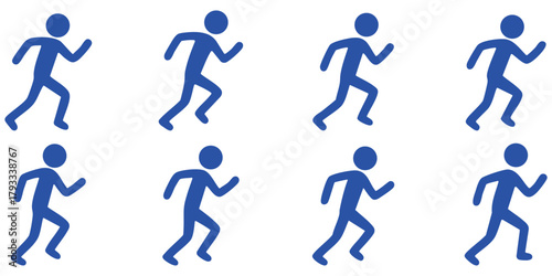 Blue stickman running icon set, fitness jogging exercise silhouettes, athlete training motion vector collection