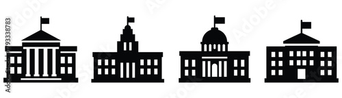 Government building silhouette icons, courthouse and parliament symbols, landmark architecture vector set