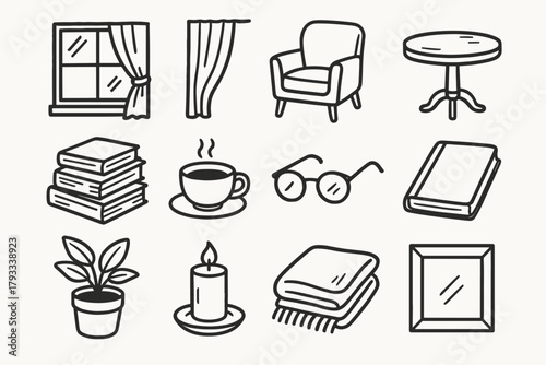 Table curtain plant corner book icons reading vector glasses candle pot icon