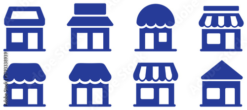 Storefront and shop silhouette vector icons, small business retail building designs, blue commercial architecture set