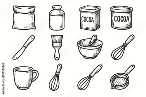 Cocoa flour baker bowl spatula s bag tool butter whisk icon beater