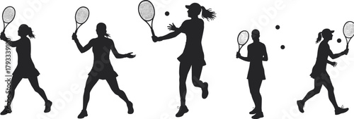 Female tennis players silhouette, action poses, racket swing, athletic motion, sports energy, dynamic movement, competitive spirit, isolated background