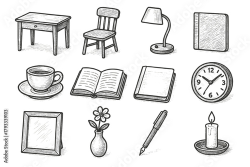 Desk cup corner saucer icons pen small vector book open icon chair