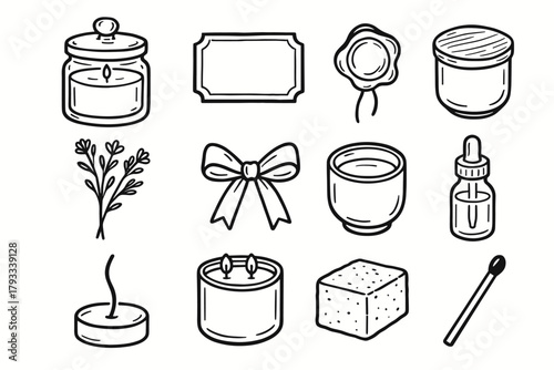 Ceramic flowers pot wick candle fragrance icon scented vector wooden dried collection