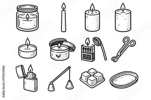Tray wax glass lighter icon vector tea taper trimmer candle hand drawn