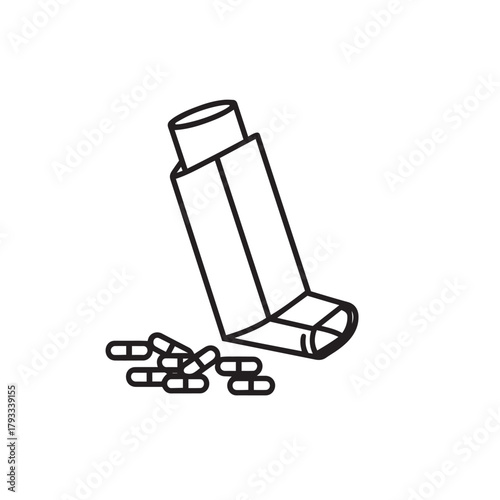 Asthma inhaler with scattered capsules, representing respiratory medication and treatment for breathing difficulties