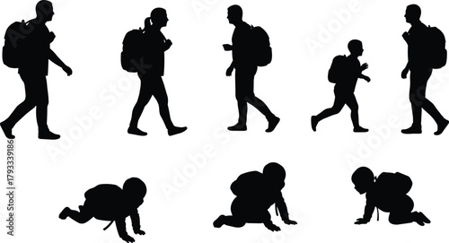 Human evolution, growth stages, crawling baby, walking adult, backpack journey, life cycle, silhouette concept, development timeline, education metaphor