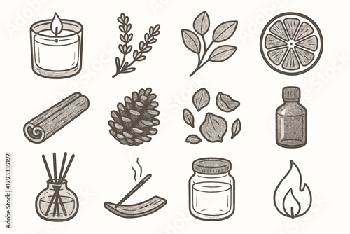 Candle incense petals jar glass branch dried icon icons vector aromatherapy