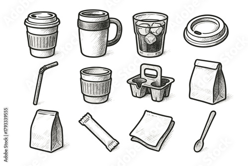 Coffee icons carrier straw reusable mug icon sleeve napkin tumbler vector cup