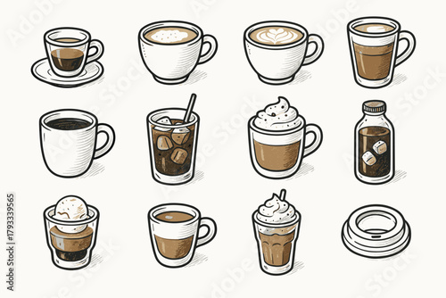 Coffee brew flat vector affogato icon frappe mocha cup collection macchiato