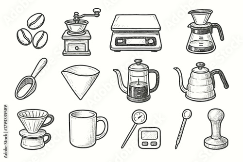 Coffee dripper icon mug grinder collection filter press tamper thermometer vector