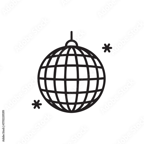 Disco ball hanging from a string with sparkles, symbolizing celebration, party, and nightlife