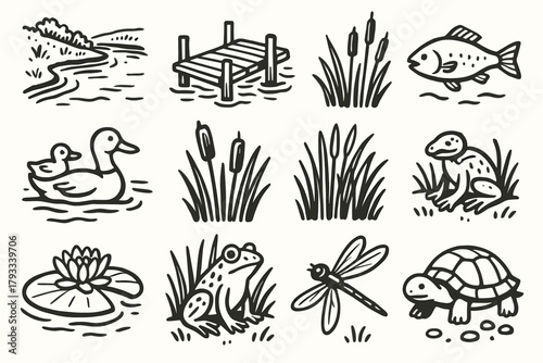Pebbles country icons riverbank cattails vector icon pad frog scene dock ducks