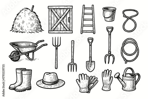 Rustic door can icon pitchfork boots farm bucket ladder gloves vector watering