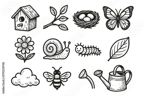 Branch country butterfly leaf watering nest caterpillar set vector icon snail tree