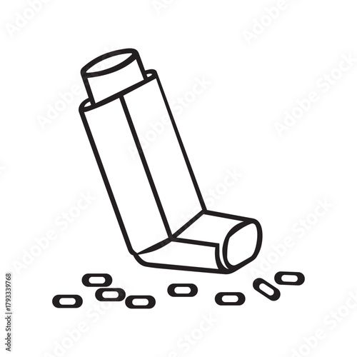 A black and white line drawing of an asthma inhaler with medication particles scattered around it, isolated on a white background