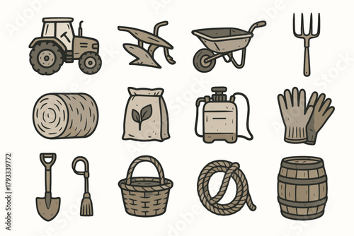 Tractor shovel bag pitchfork plow rope hay icons country scene vector icon