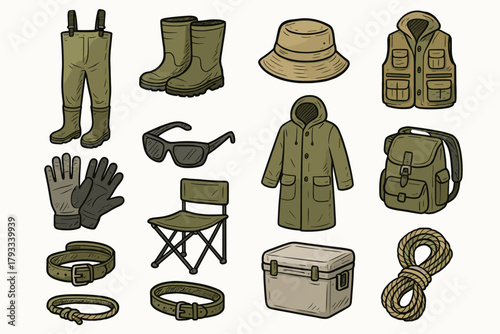 Fishing gear chair vest rope raincoat belt gloves waders icon backpack vector