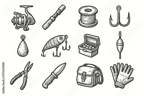 Fishing icons float bait sinker pliers gear icon vector reel grip lure