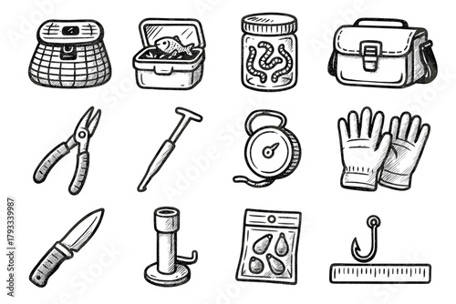 Tape tackle gloves box gear bait icon pack vector fishing fish bag