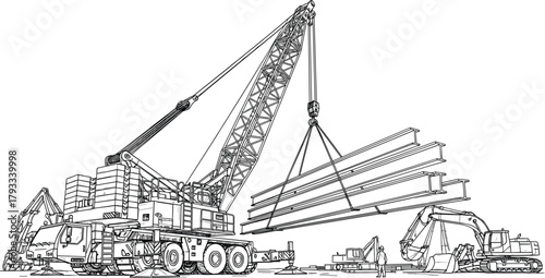 Mobile crane lifting steel beams at construction site with excavator, heavy machinery, structural work, industrial engineering equipment