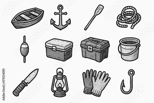 Vector float fishing lamp oar bucket knife boat gear cooler icons icon