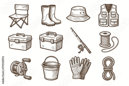 Cooler bucket vector fishing boots gear icons reel gloves rod hat icon