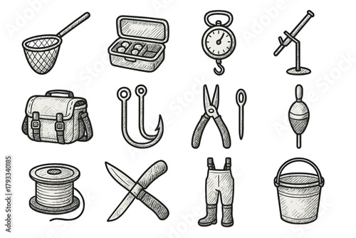 Net bucket fishing gear river float spool icon line vector waders box