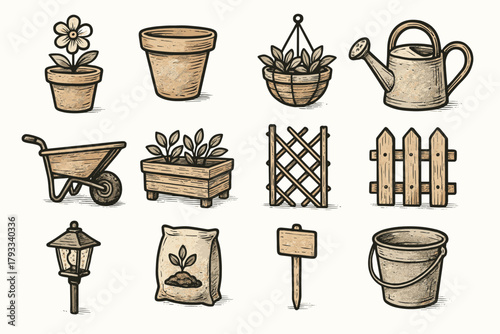 Garden light hanging pot soil icons basket vector bucket box flower icon