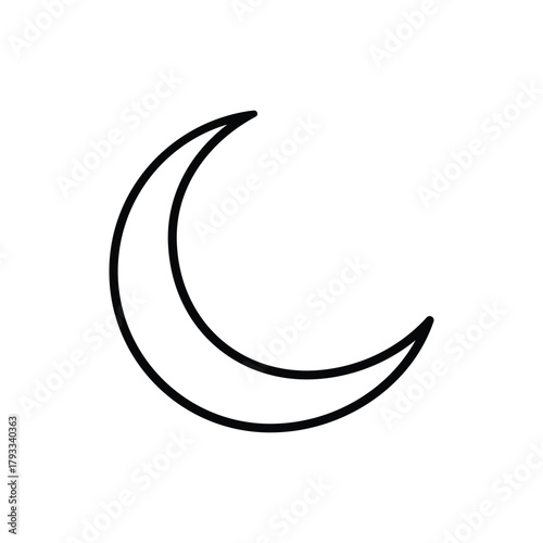 A simple black and white outline drawing of a crescent moon, isolated on a white background