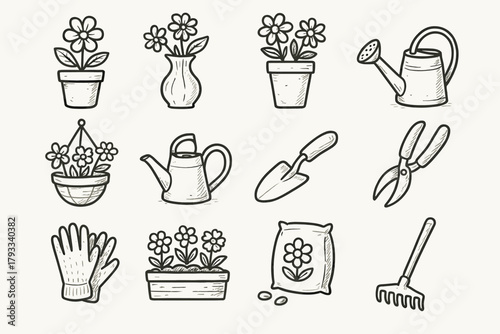 Basket trowel hand can garden rake icon drawn gardening vector watering potted