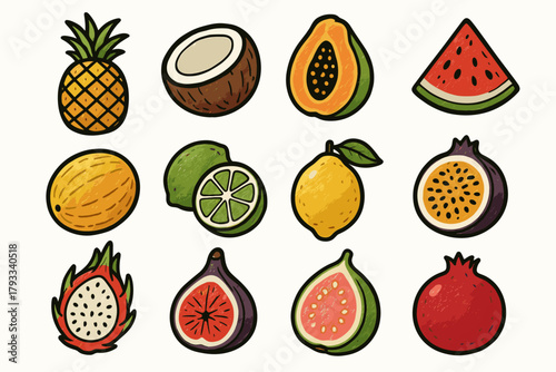 Coconut pomegranate vector passionfruit fruit icons dragon lemon icon fig guava basket