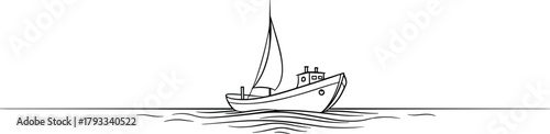 Minimalist boat illustration, nautical line drawing, stylized sailboat on water, horizon sketch, marine art, ocean travel concept
