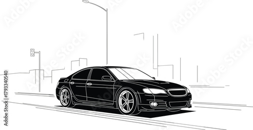 Modern black sedan driving through urban city street, stylish vector car illustration with motion, depth, and perspective lines