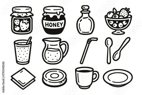 Glass icons jug syrup smoothie bottle basket fruit lid juice honey vector