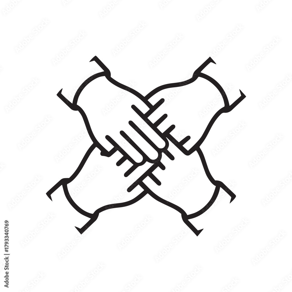 Obraz premium Four hands clasped together in a symbol of unity, teamwork, and cooperation