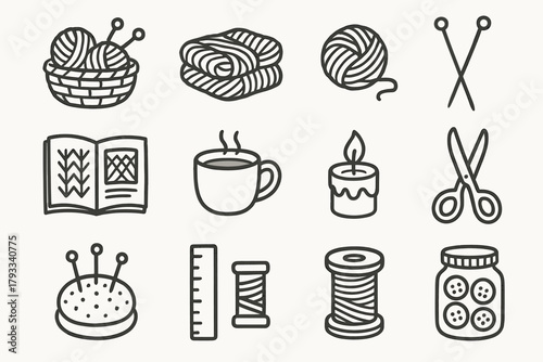 Pair cushion yarn folded tea spool knitting icon vector pattern wool set