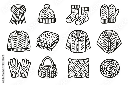 Socks shawl knitting hat gloves coaster icon bag mittens vector cardigan collection