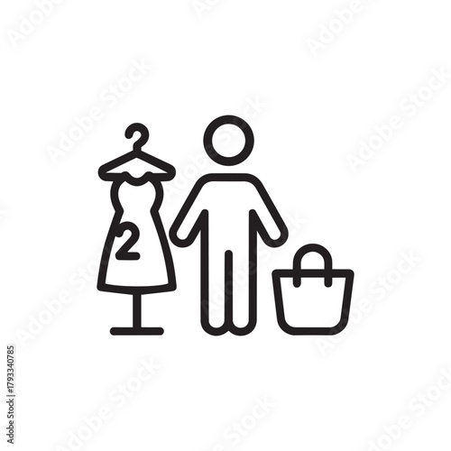 Stylized icon of a person standing next to a dress on a mannequin and a shopping bag