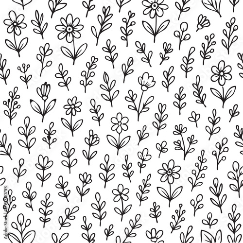 A black and white drawing of flowers with a white background. The flowers are drawn in a stylized way, with some of them having a more delicate appearance