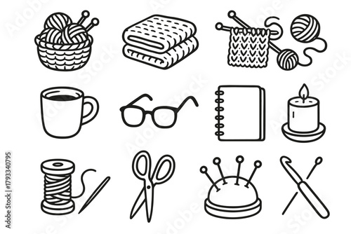 Collection knitting icon pin yarn blanket hook vector cushion basket unfinished project