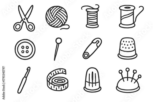 Knitting icons scissors safety thread needle vector handcrafted hook icon measuring yarn