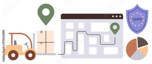 Forklift moving boxes, location map with pin, GDPR shield symbol, and pie chart diagram conveying logistics, data protection, and analysis. Ideal for logistics, data privacy, compliance supply