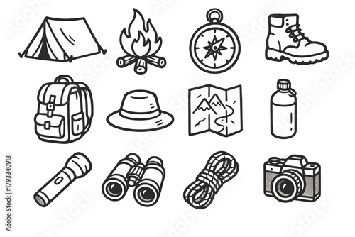 Binoculars icon boots campfire camera rope compass mountain flashlight map set vector